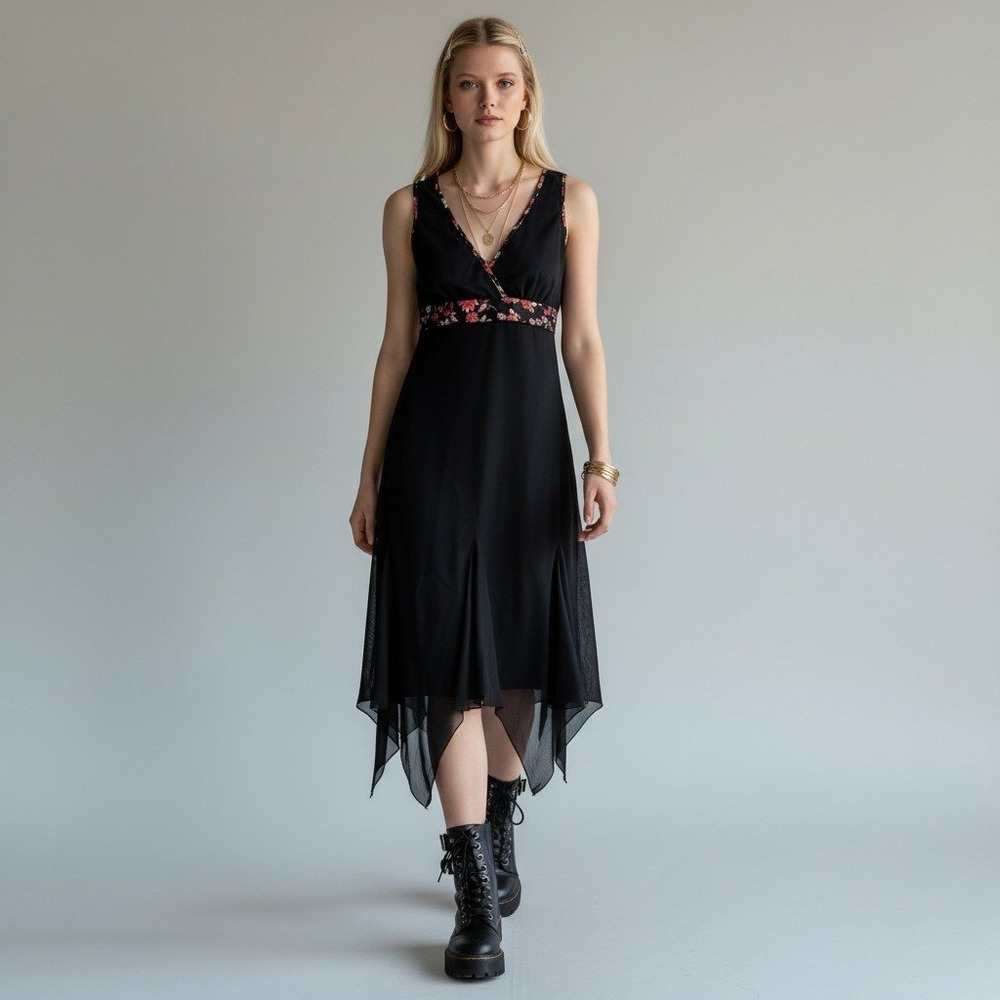 Ruby Rox Black‎ Floral Trim Handkerchief Hem Mesh Midi Dress Medium